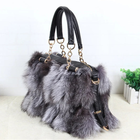 Leather Chain Handled Fox Fur Handbags