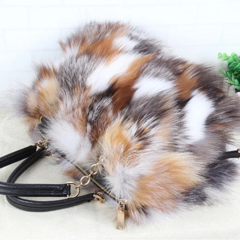 Leather Chain Handled Fox Fur Handbags