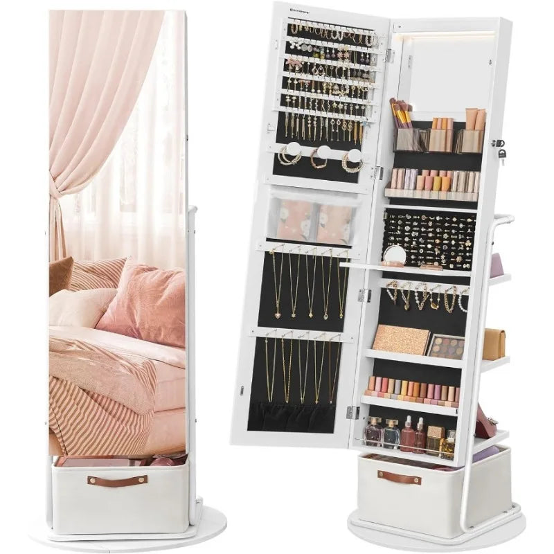 360° Swivel Mirrored Jewelry Cabinet with Lights And Storage