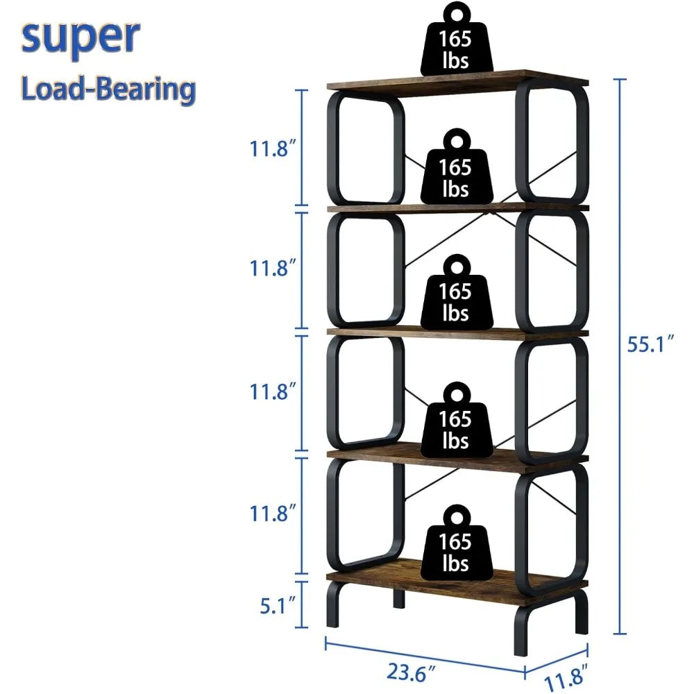 Industrial 5 Tier Modern Metal and Wood Book Shelf