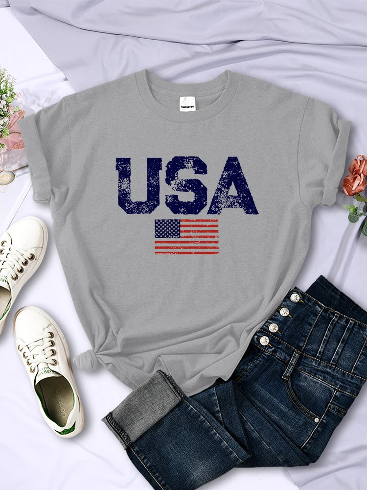 USA Letters American Flag Stars and Stripes Printed T-Shirt