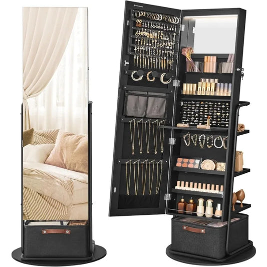 360° Swivel Mirrored Jewelry Cabinet with Lights And Storage