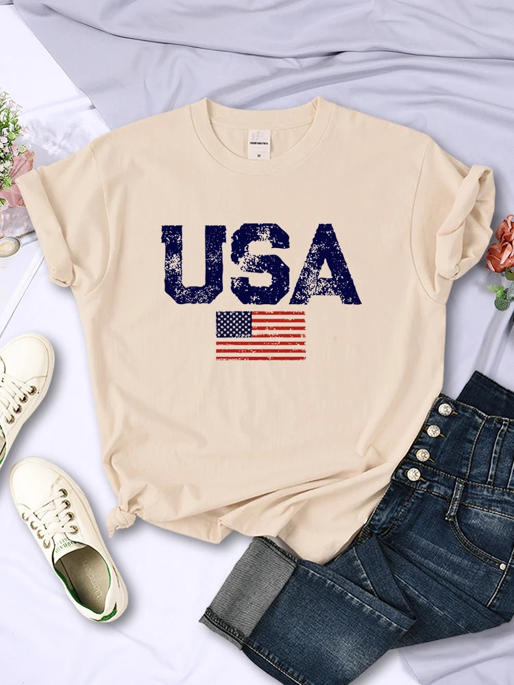 USA Letters American Flag Stars and Stripes Printed T-Shirt