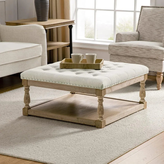 Button Tufted Cocktail Ottoman with Shelf