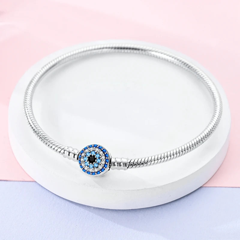 Sterling Silver Blue Beige Set Pavé Evil Eye Snake Bone Chain