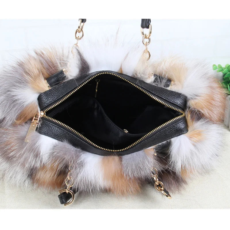 Leather Chain Handled Fox Fur Handbags