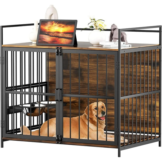 Large Dog Crate with 360° & Adjustable Raised Feeder