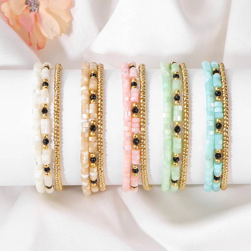 Juego de 3 pulseras de cuentas de conchas de colores bohemios