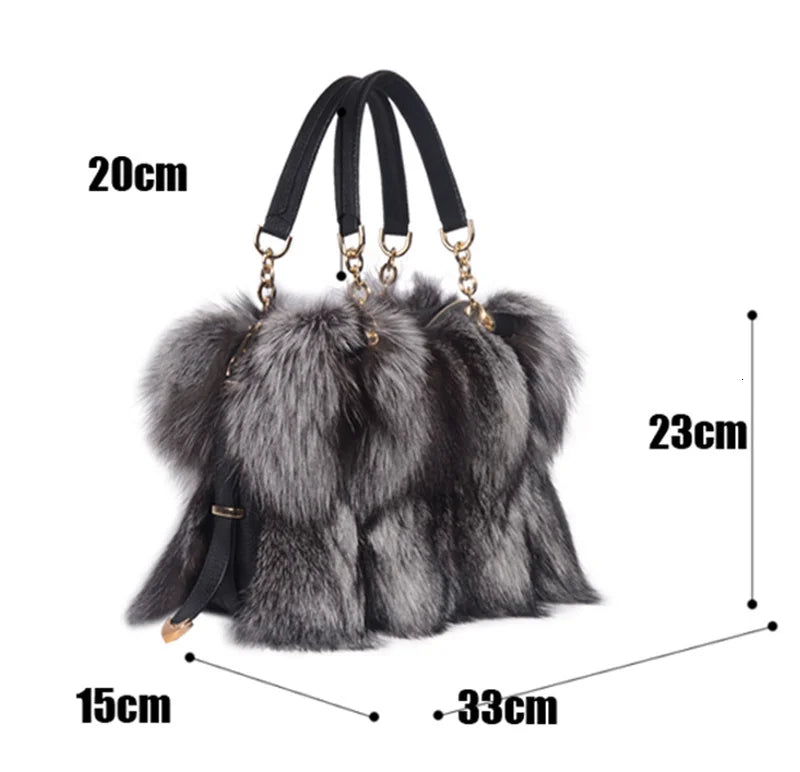 Leather Chain Handled Fox Fur Handbags