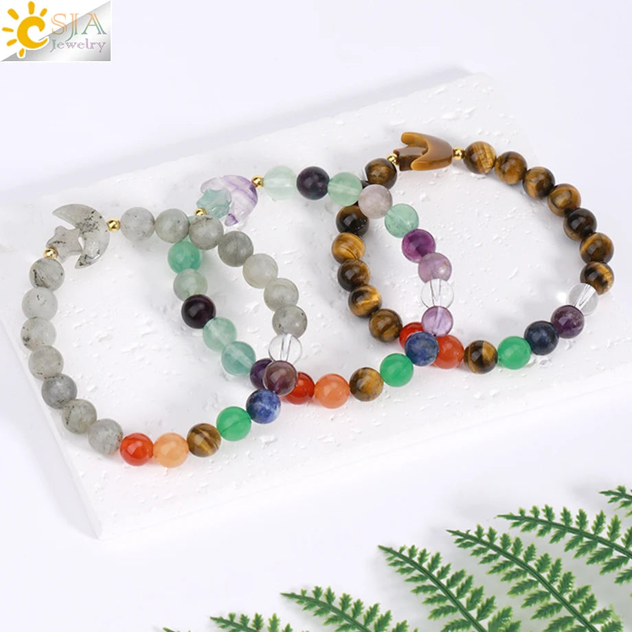 Assorted Moon Charm Natural Stone Bracelets