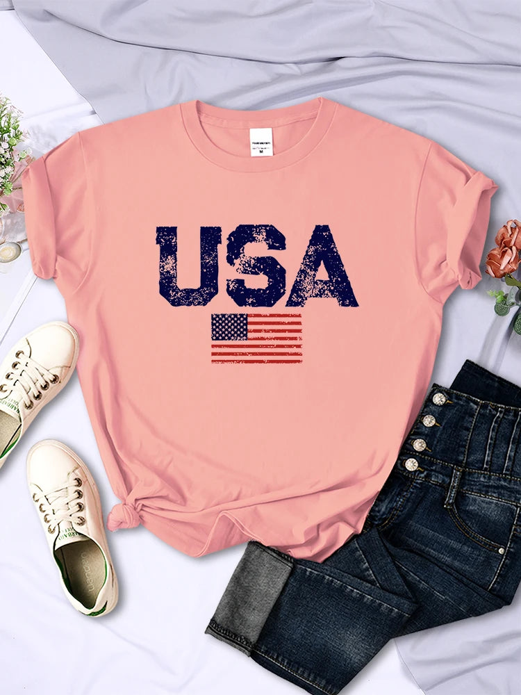 USA Letters American Flag Stars and Stripes Printed T-Shirt