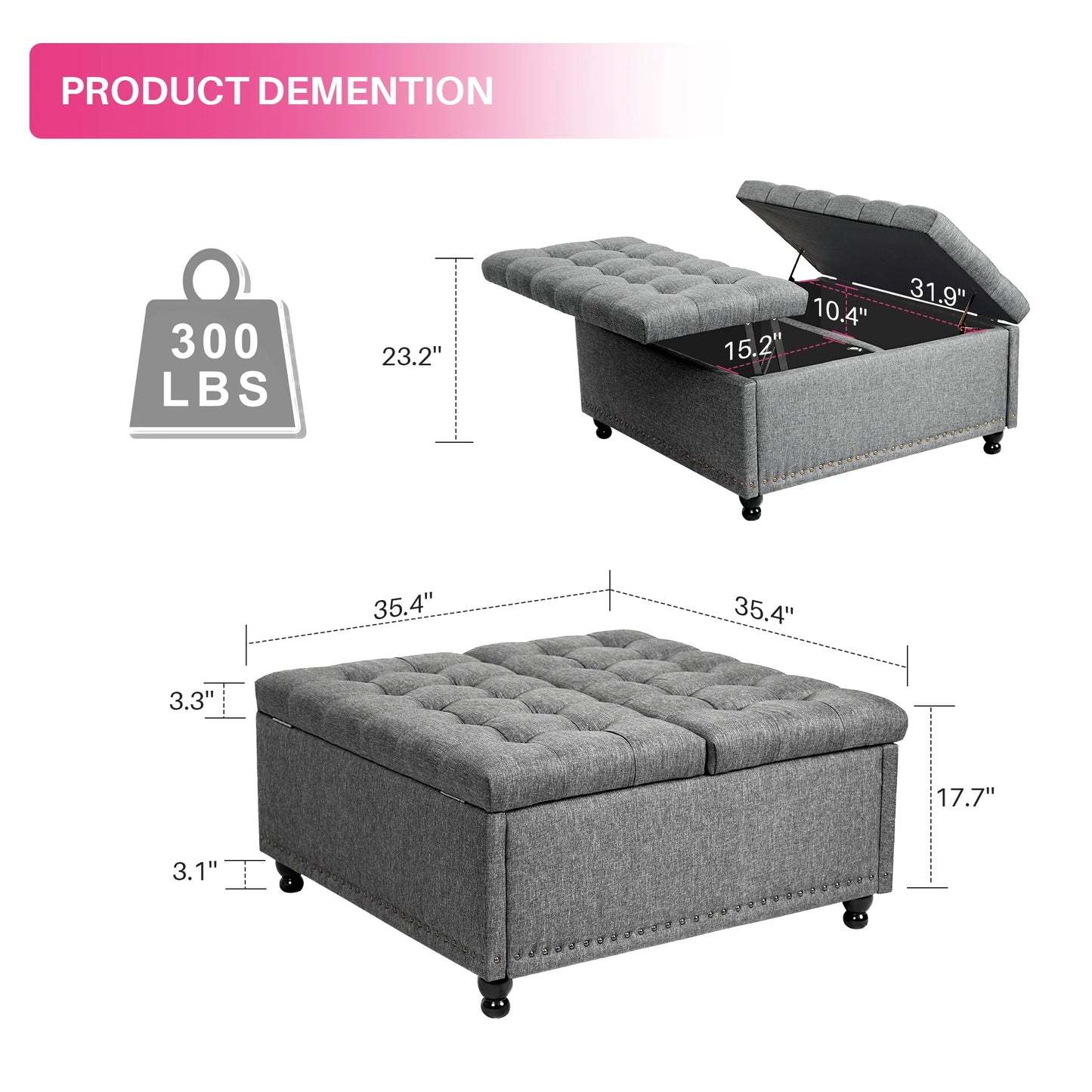 35" Large Square Storage Ottoman Bench,