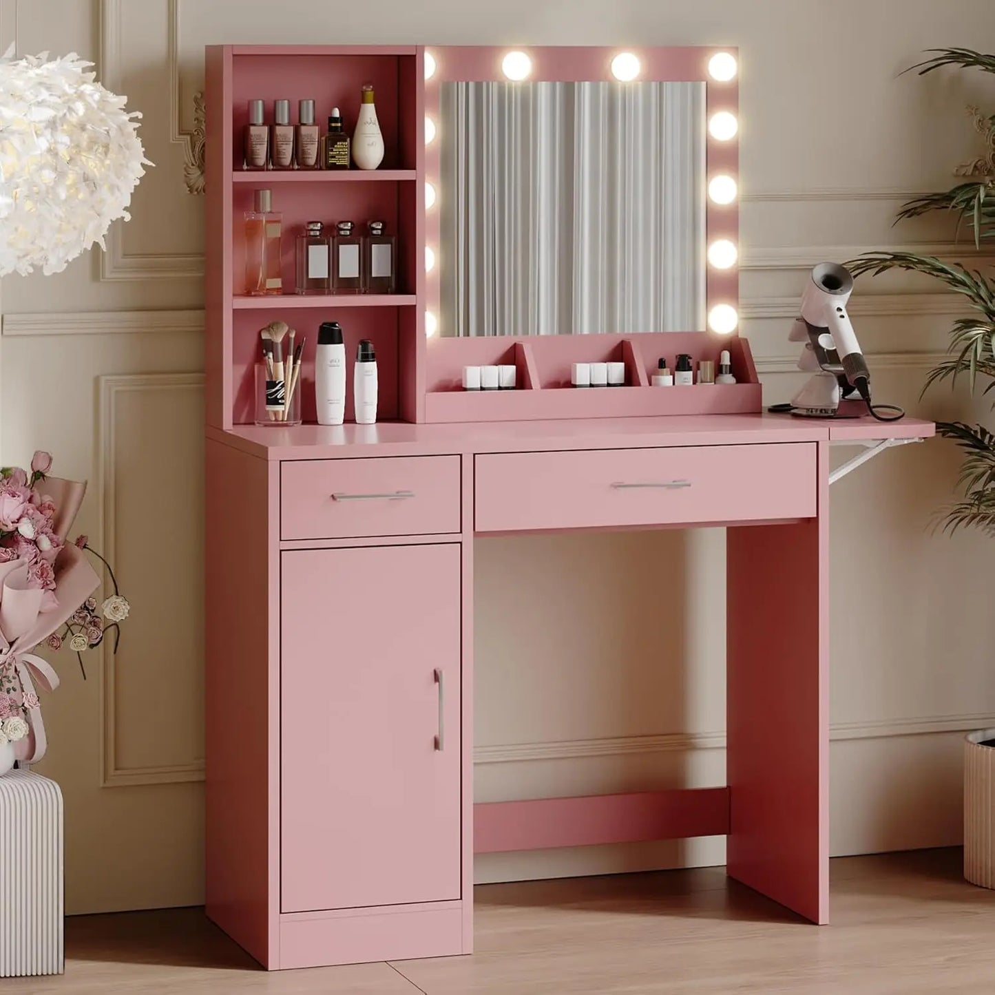 Pink Vanity Desk with Drawers & Mirror with Lights