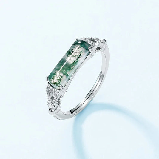 Natural Rectangle Moss Agate Ring