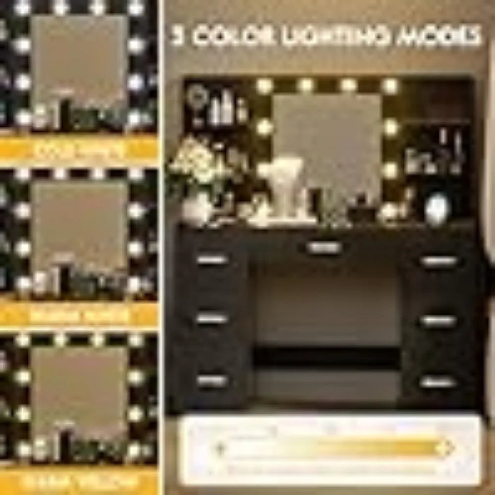 Black Vanity Desk with LED Lighted Mirror&Power Outlet