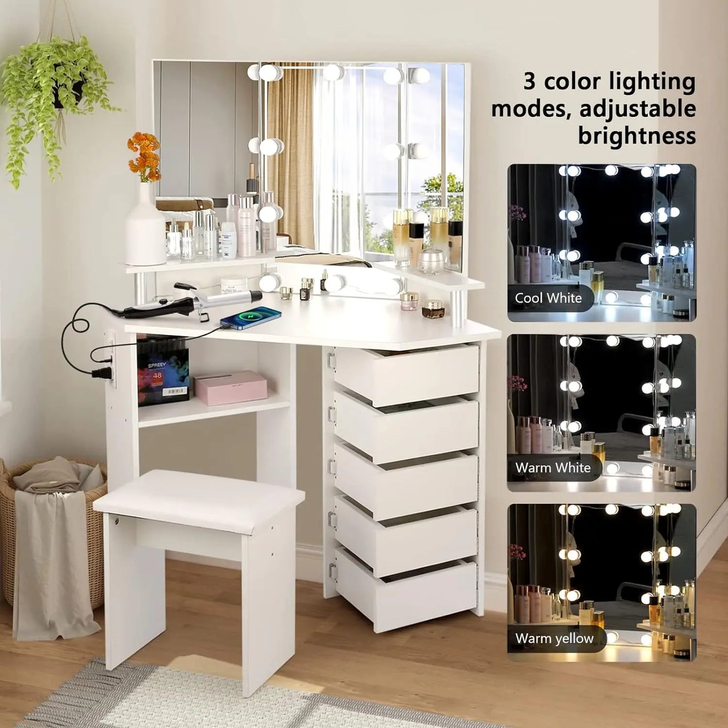 Corner Makeup Vanity Desk with Lights - Power Outlet, 3 Color Lighting, Brightness Adjustable, 5 Rotating Drawers