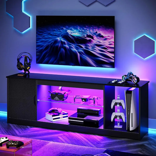 LED Gaming Entertainment Center with Cabinet and Shelves