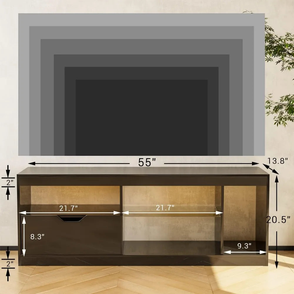 LED TV Stand for Televisions Up To 65" with Glass Shelves and Drawer