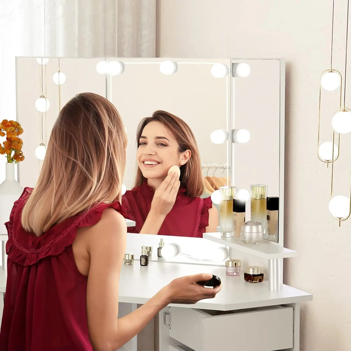 Corner Makeup Vanity Desk with Lights - Power Outlet, 3 Color Lighting, Brightness Adjustable, 5 Rotating Drawers