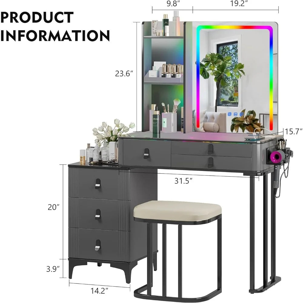 Makeup Vanity with Mirror and Lights-Wireless Charging Station,Stool,Glass Top,3-Tier Shelf,6 Drawers