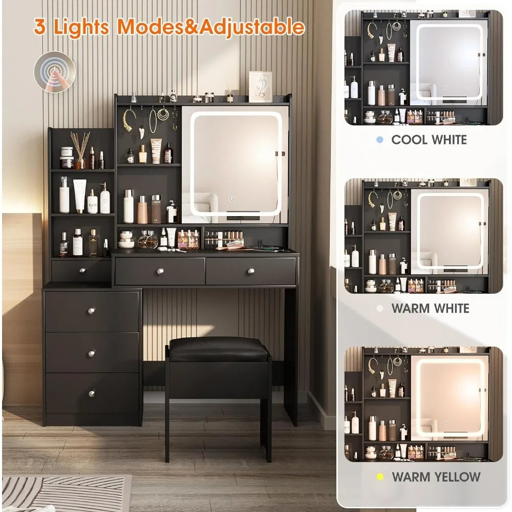 Black Vanity Set with 6 Drawers and Shelves, Vanity Mirror-3 Adjustable Light Settings