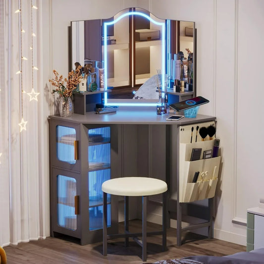 Corner Makeup Vanity with Charging Station