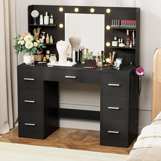 Black Vanity Desk with LED Lighted Mirror&Power Outlet