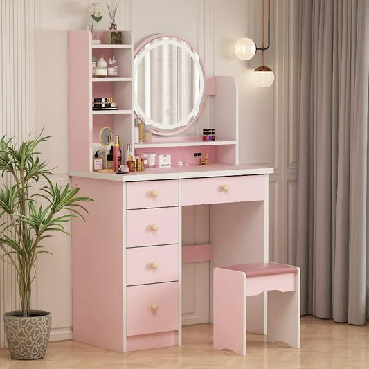 Vanity Desk Set with LED Lighted Round Mirror-5 Drawers,Storage Shelves & Cushioned Stool