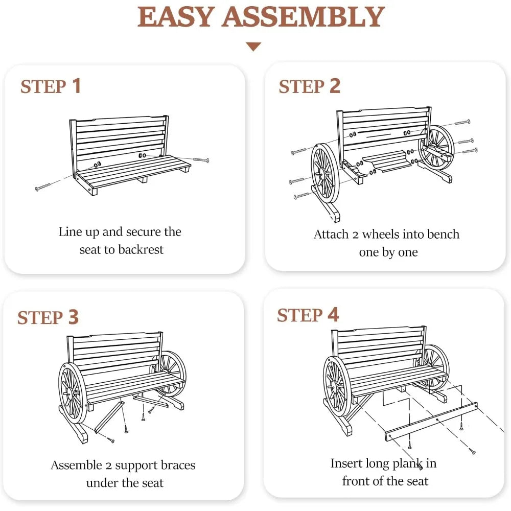 Rustic Wooden Bench with Wagon Wheel Arms