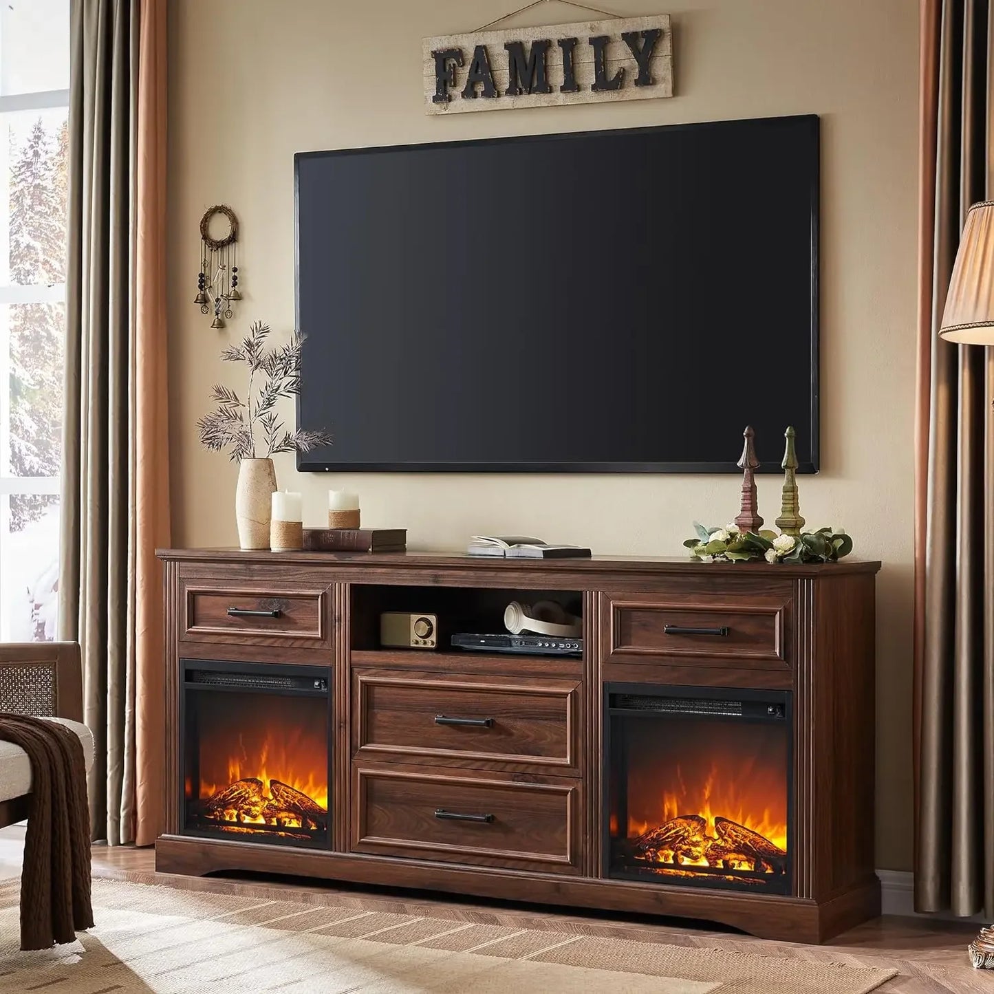 Farmhouse Double Fireplaces TV Stand