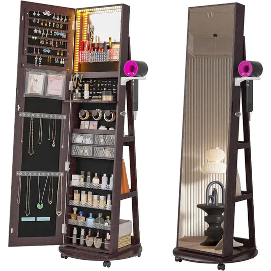 360° Swivel Jewelry Armoire with Mirror-LED-Shelves