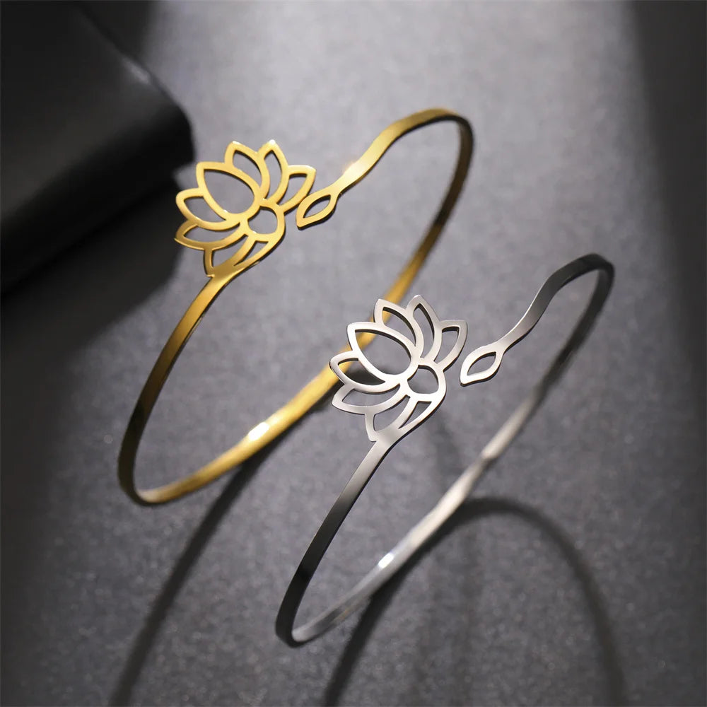 Lotus Flower Adjustable Open Cuff Bangle