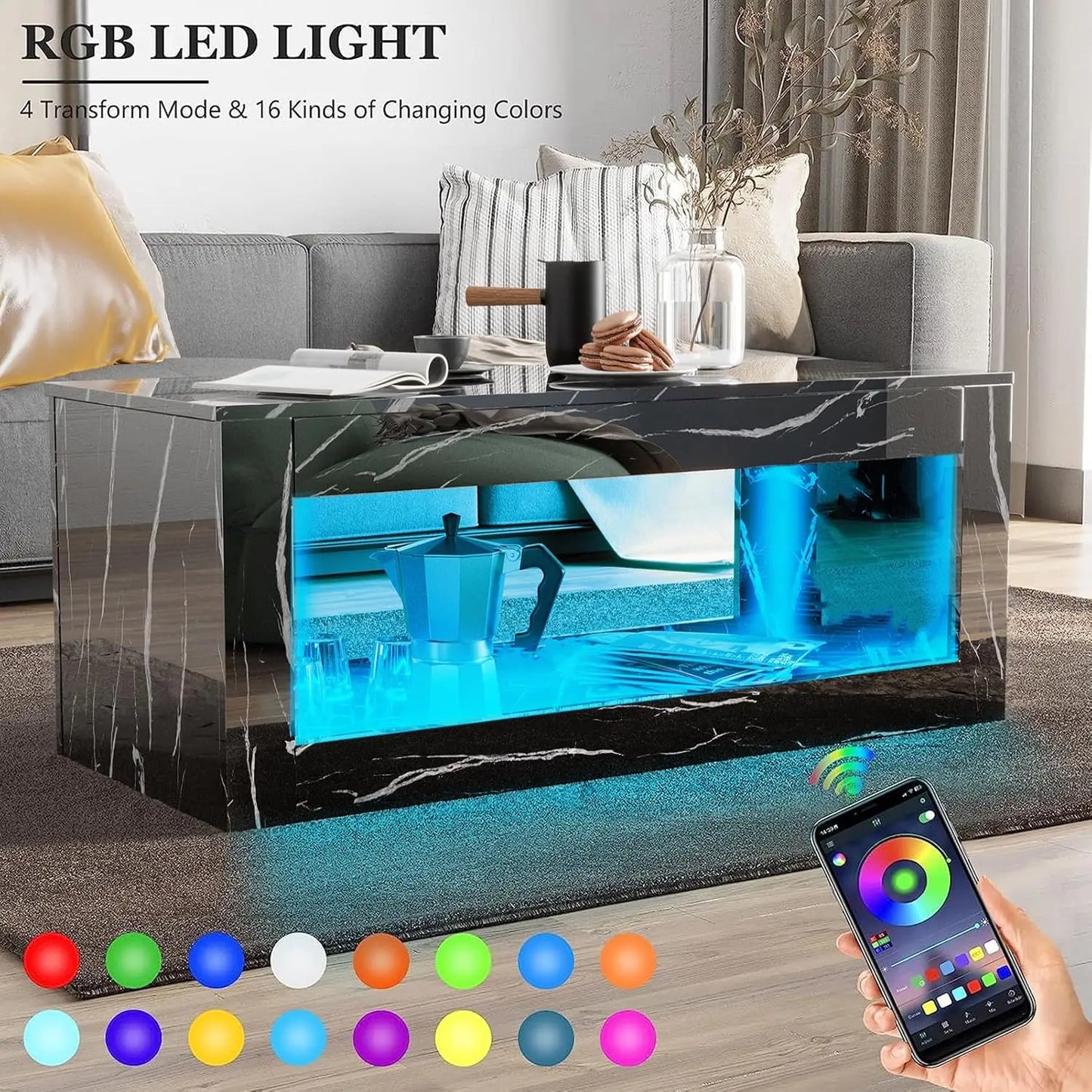 47.2 in LED Modern High Gloss Coffee Table