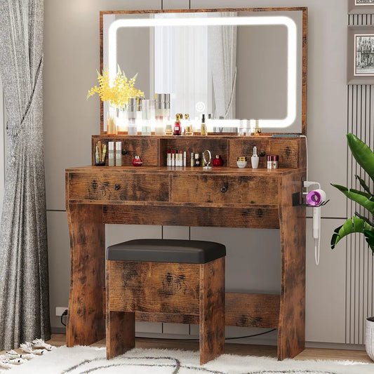 Vanity Desk with LED Lighted Mirror & Power Outlet & 4 Drawers