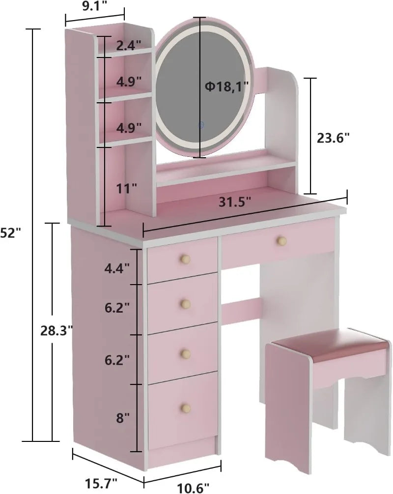 Vanity Desk Set with LED Lighted Round Mirror-5 Drawers,Storage Shelves & Cushioned Stool