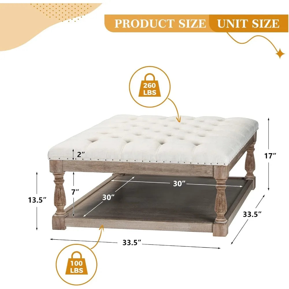 Button Tufted Cocktail Ottoman with Shelf