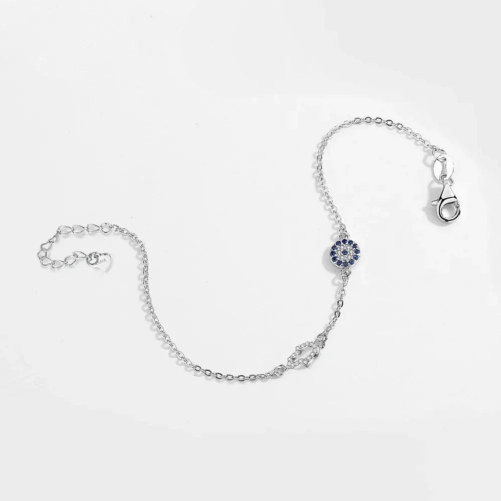 Hamsa Hand Evil Eye Charm Bracelet with Blue CZ in 925