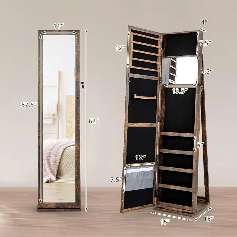 Large Capacity Jewelry Organizer w/Full-Length Mirror & Rear Storage Shelves