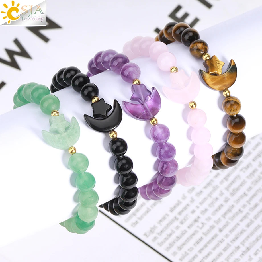 Assorted Moon Charm Natural Stone Bracelets