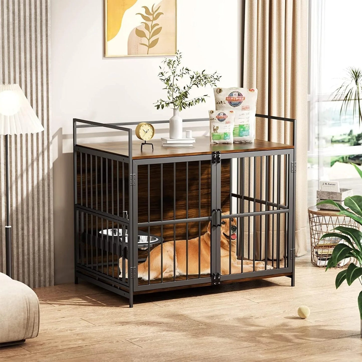 Large Dog Crate with 360° & Adjustable Raised Feeder