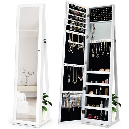 Large Capacity Jewelry Organizer w/Full-Length Mirror & Rear Storage Shelves