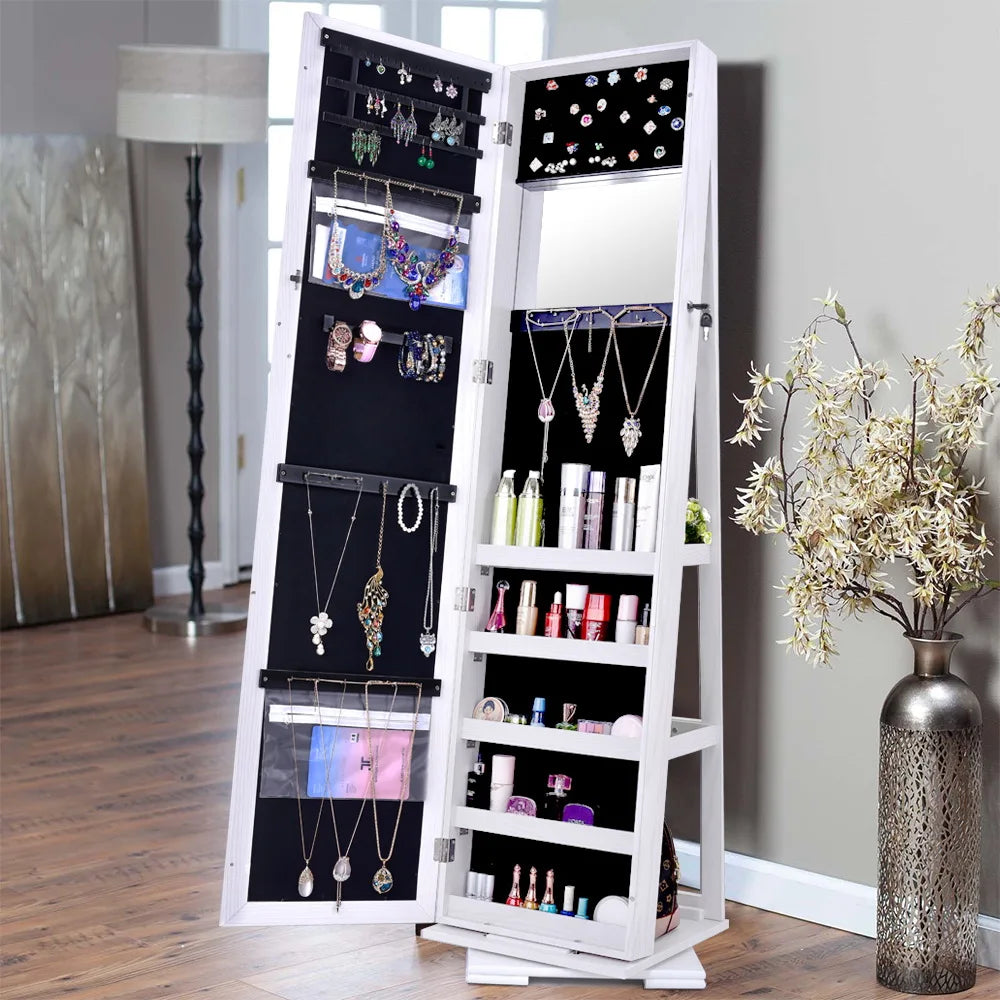 360° Rotating Jewelry Armoire with Full Length Mirror Lockable Cabinet Organizer