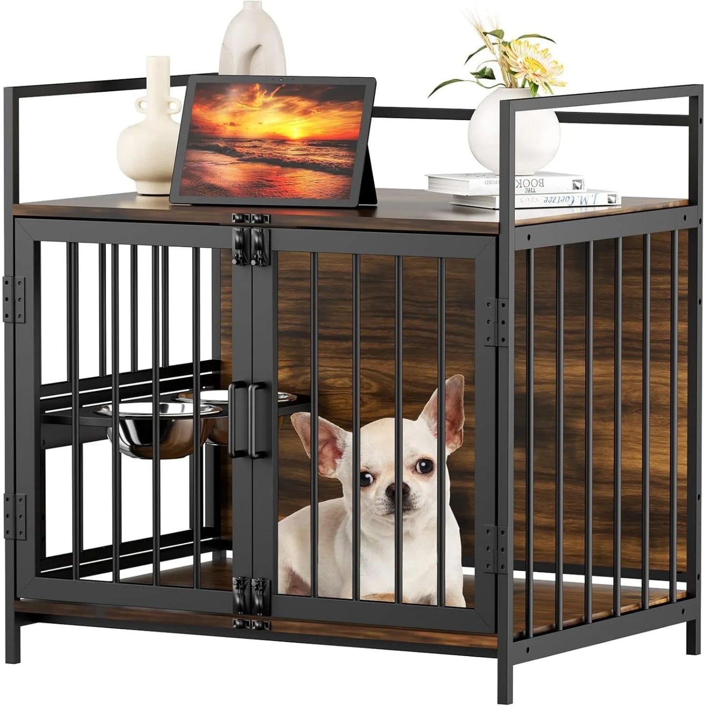 Large Dog Crate with 360° & Adjustable Raised Feeder