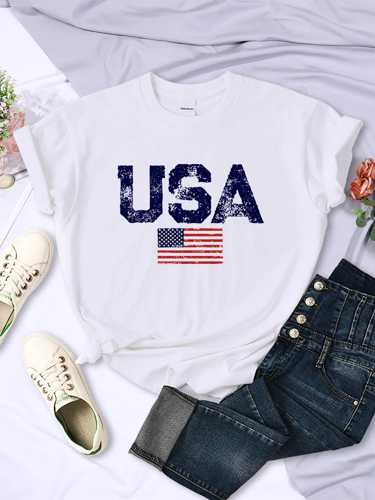 USA Letters American Flag Stars and Stripes Printed T-Shirt