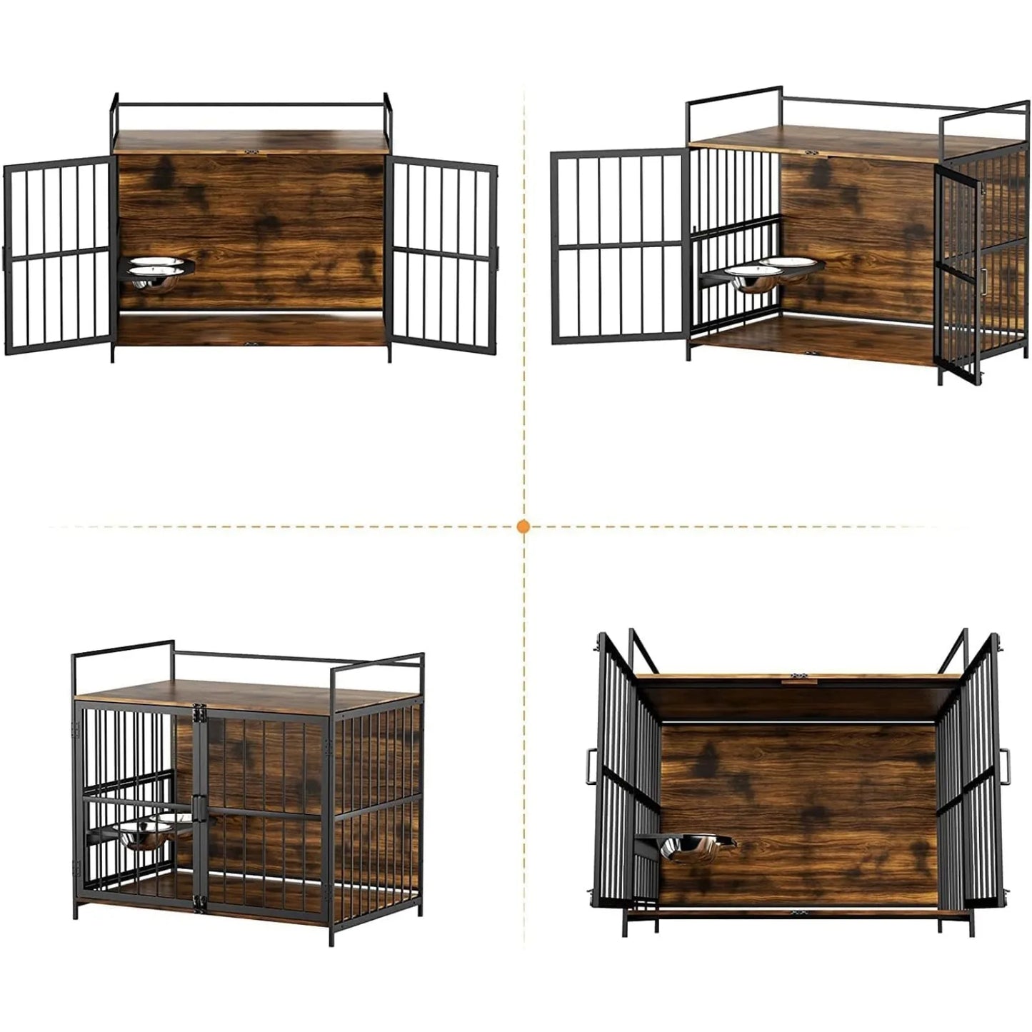 Large Dog Crate with 360° & Adjustable Raised Feeder