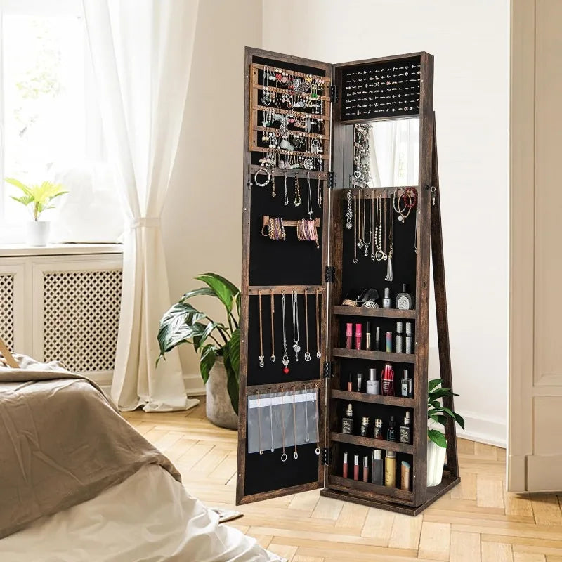 Large Capacity Jewelry Organizer w/Full-Length Mirror & Rear Storage Shelves