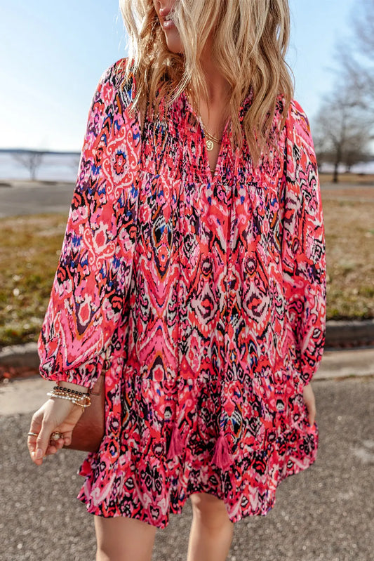 Tassel Printed Tie Neck Long Sleeve Dress CMP