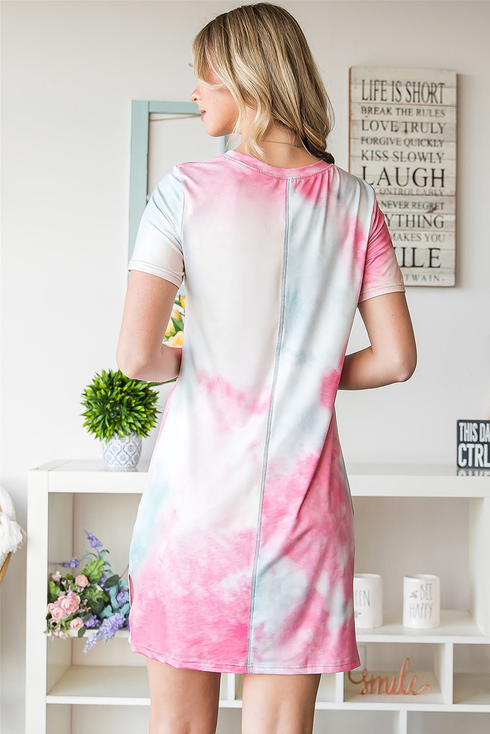 Tie-Dye Round Neck Short Sleeve Slit Dress CMP
