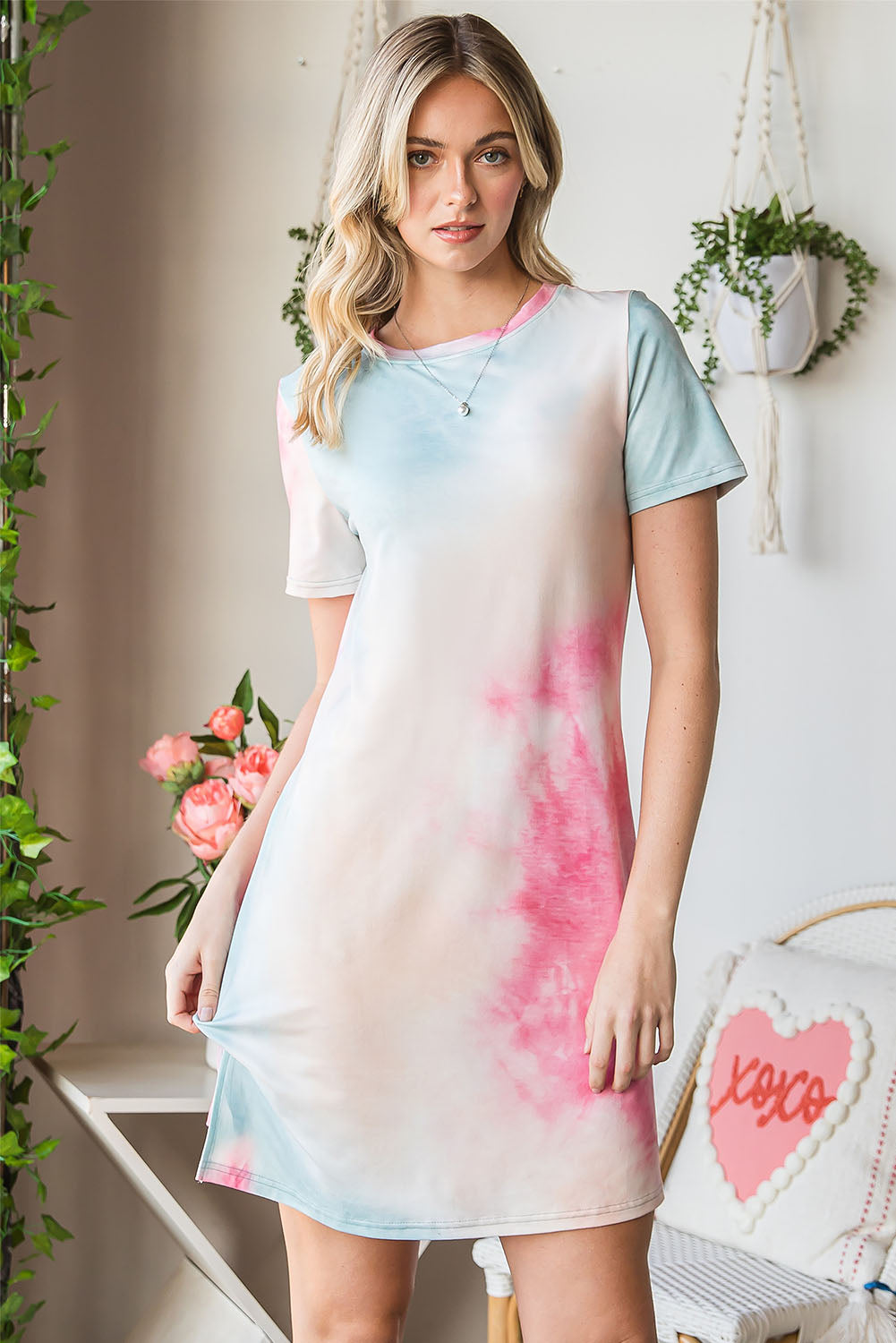 Tie-Dye Round Neck Short Sleeve Slit Dress CMP