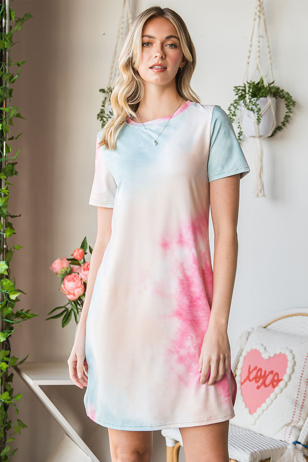 Tie-Dye Round Neck Short Sleeve Slit Dress CMP